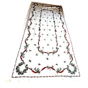 Christmas holiday tablecloth creamy white holly berries red ribbon border buffet